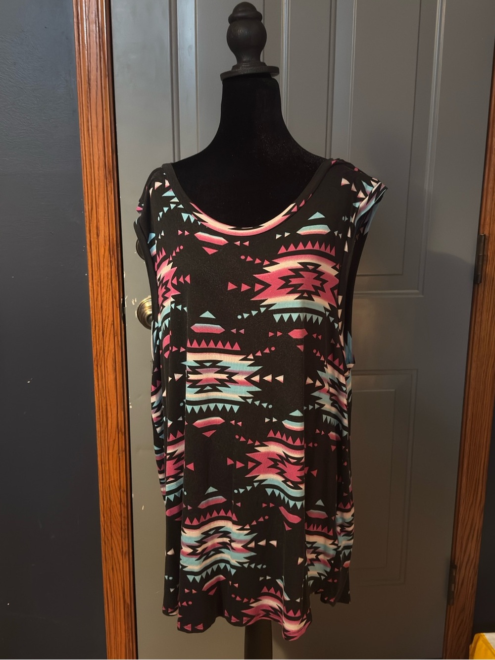LuLaRoe Black Tank Top with Pink & Aqua Aztec Print